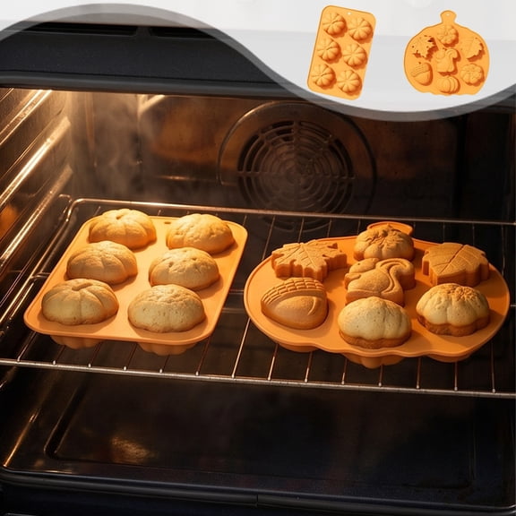 Dmlowu Thanksgiving Fall Silicone Molds, 6 Cavity Pumpkin Maple Leaf Mini Muffin Pan, Food Grade Holiday Baking Essentials for Chocolate Candy Pie Dessert