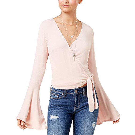 Juniors' Tie-Front Bell-Sleeve Crop Top Fresco Pink S