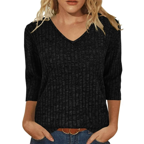 EchfiProm V-Neck Shirts for Women Black Ribbed Tops 3/4 Sleeve Casual Pullover Relaxed Fit Solid Ladies