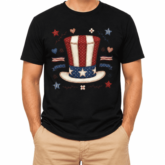 Patriotic Uncle Sam Hat T-Shirt, Americana Independence Day Graphic Tee, Fourth of July Shirt