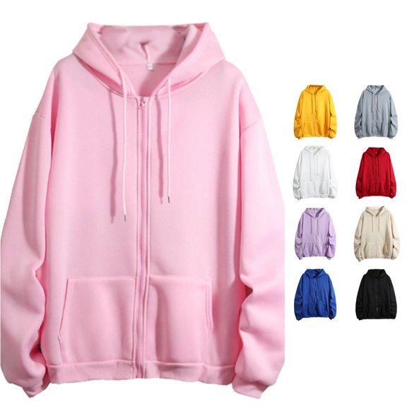 Yuhangmm Women's Sweatshirt Winter Warm Fashion Long Sleeve Loose Solid Color Hooded Zipper Pocket Sweatershirt Coat for Cold Days Pink L