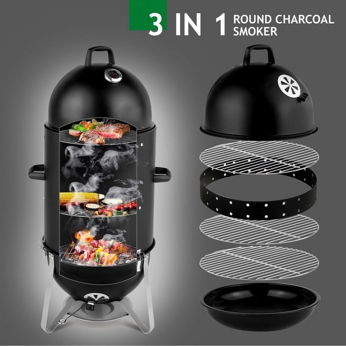 Vertical 18.5 Inch Steel Charcoal Smoker, 3 in 1Heavy Duty Round BBQ Grill for Outdoor Cooking