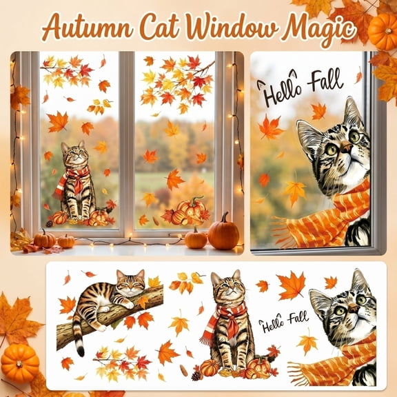 Fall Window Decorations, Fall Window Clings for Glass Windows, Cute Fall Decor for Home, Cat Decor for Cat Lovers, 9 Pieces Cute Tabby Cat Maple Leaf Electrostatic Window, 12X8