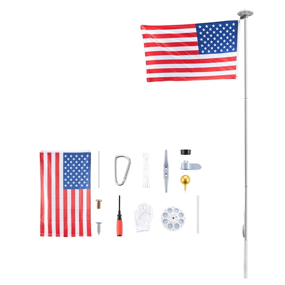 KFFKFF 20ft Heavy-Duty Sectional Flagpole Kit with 136 LED Solar Light, Outdoor Aluminum Flagpole with 3x5 American Flag for Residential, Commercial, and Yard Use, Silver