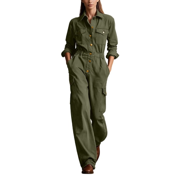 Edvintorg Jumpsuits for Women Plus Size One Piece Long Sleeve Button Down Romper with Pant Fashion Clothing Women S-3XL Army Green