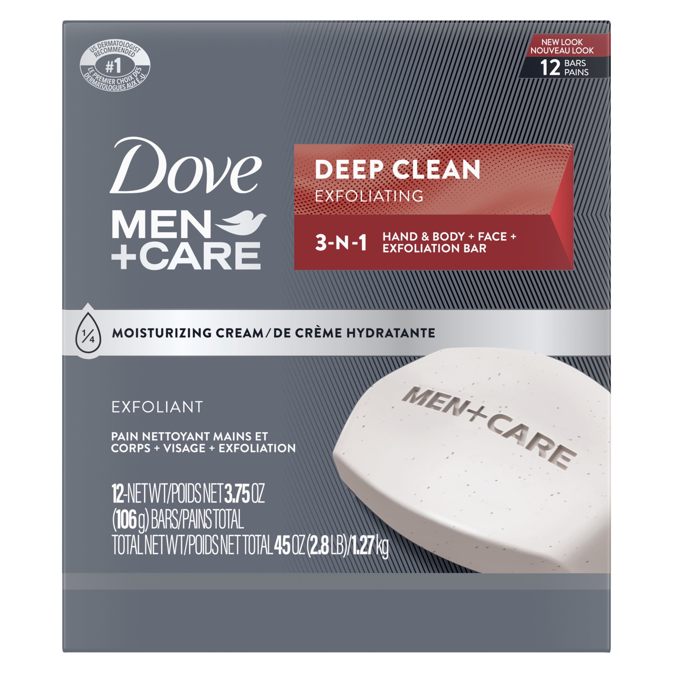 (4 pack) Dove Men+Care 3-in-1 Hand & Body + Face + Exfoliation Bar for Dry Skin, Deep Clean, 3.75 oz (12 Bars)