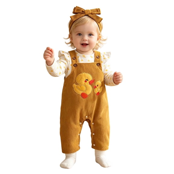 Ulitacool Girl Outfits Long Sleeve Crewneck Graphic Prints T Shirts Suspender Pants Retro Infant Clothing 6-12 Months Yellow