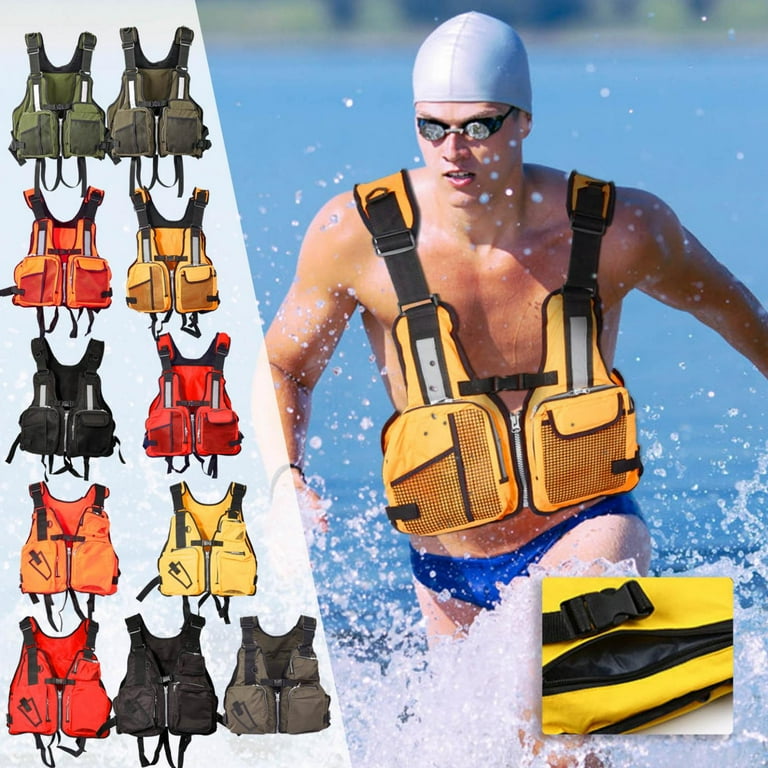 EQWLJWE Adult Life Jacket Fly Fishing Jacket Vest for Men,Multi-Pockets  with Water Bottle Holder for Kayaking Sailing Boating Water Sports Yellow