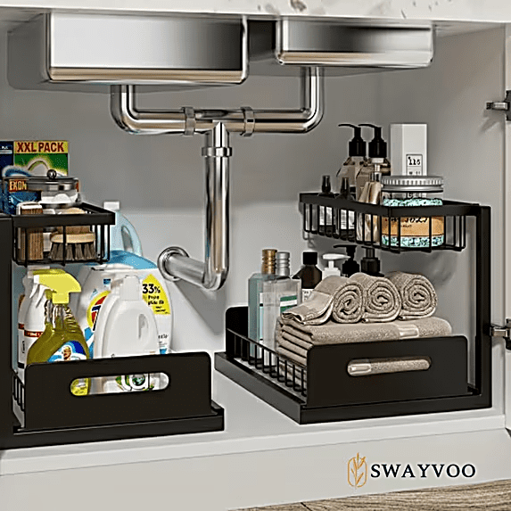 Swayvoo Under Sink Organizer 2 Pack — 2-Tier Adjustable Sliding Under Sink Storage for Bathroom & Kitchen Cabinet, Pull-Out Basket Organizer, Black