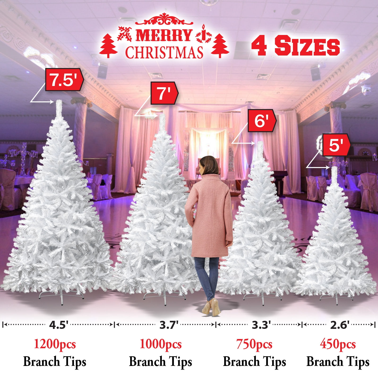 Sunrise 4 Sizes Artificial Christmas Tree w/Metal Stand,Easy Assembly, White (7 Ft)
