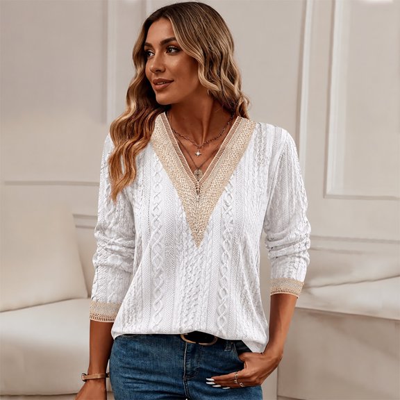 ZZkhGO Women's V-Neck Long Sleeve T-Shirt Loose Casual Tops for Women Dressy Daily Fall Outfits