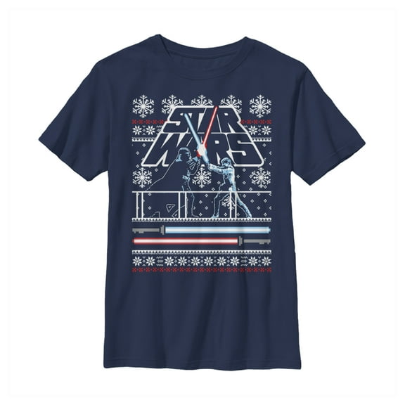 Boy's Star Wars Ugly Christmas Light Saber Battle Graphic Tee Navy Blue X Small