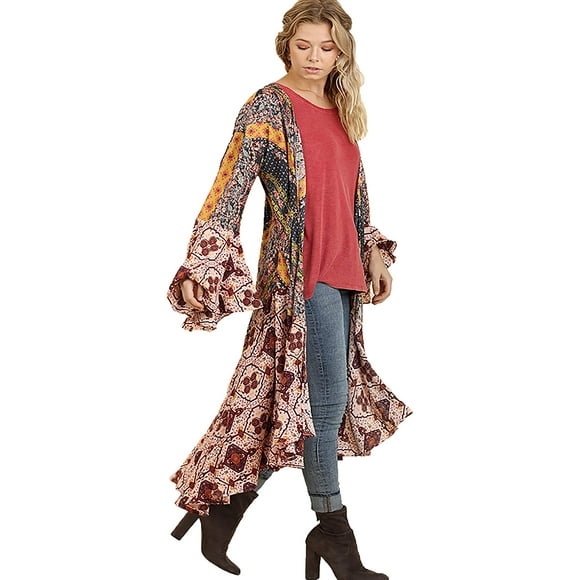 Umgee Womens Ruffled Long Body Kimono with a Multicolored Print