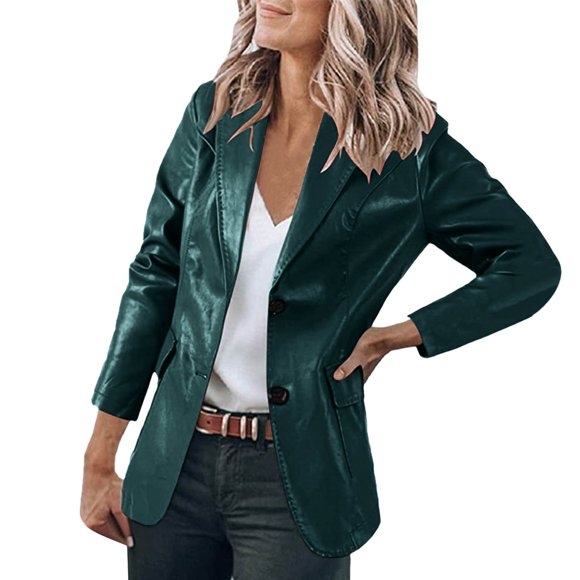 DondPO Women's Faux Leather Jacket Women's 2022 Fall Casual Long Sleeve Lapel Front Work Suit Jackets wirh Pockets Motorcycle Jacket Women Leather Jacket Women Green M Clearance!