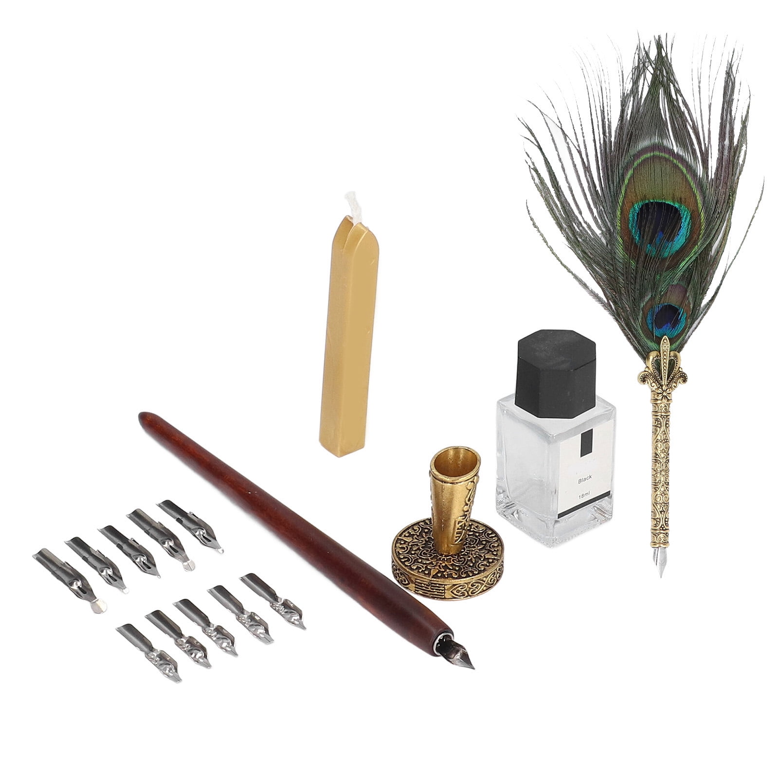 BIMZUC Feather Pen Exquisite Pattern Quaint Texture Comfortable Grip Stainless Steel Nib Calligraphy Set (11.4 inches / 29 cm) - Double Peacock