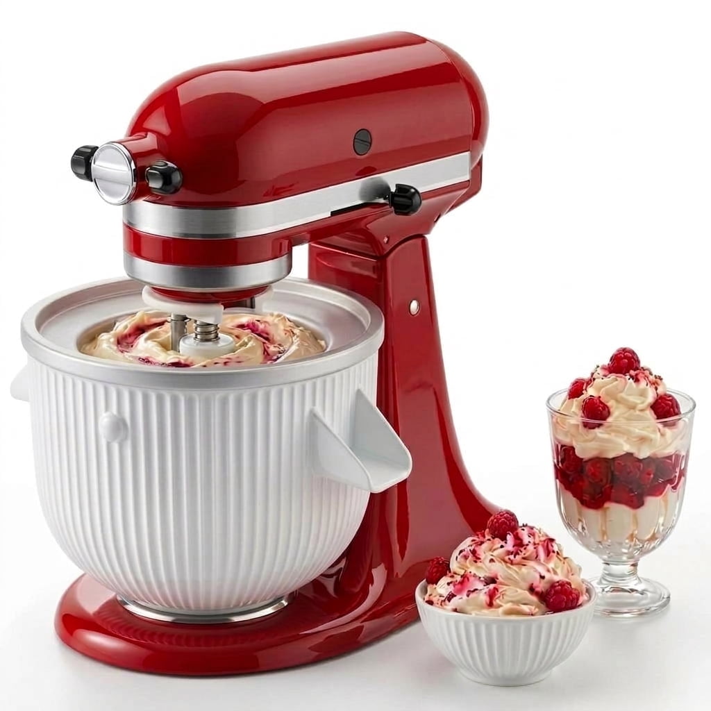 Ice Cream Maker Attachment for KitchenAid, Ice Cream Bowl Fits KitchenAid 4.5/5QT & 6QT Mixers, Frozen Ice Cream & Sorbet Gelato Maker, 2 Quart, White