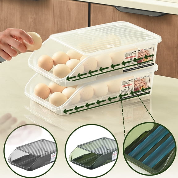 Egg Storage Container, Refrigerator Rolling Organizer, Secure Lid Freshness, Stacked Tray Design, Kitchen Pantry Fridge Access, Auto Rolling Function, Plastic Material, Household Akmoler