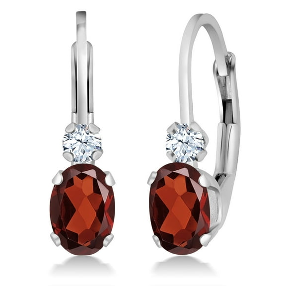 Gem Stone King 14K White Gold Red Garnet and White Created Sapphire Leverback Earrings for Women | 1.08 Cttw | Gemstone January Birthstone | Oval 6X4MM, Round 2MM | 3/4 inch