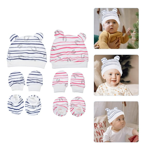 BESTYASH 2Sets Cotton Hats Gloves Kit with Breathable Anti-Scratch Gloves and Supple Foot Covers in Red