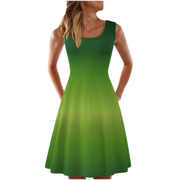 AOOCHASLIY Sun Dresses for Women Clothes Beach Casual Summer Tank Sleeveless Knee Length Pleated Sun Dresses Tie-Dye Gradient Rainbow Floral Print Dress