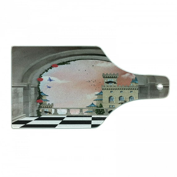 Fantasy Cutting Board, Castle Balcony Checkered Floor Pattern Medieval Architecture Floral Arrangement, Tempered Glass Cutting and Serving Board, Wine Bottle Shape, Multicolor, by Ambesonne