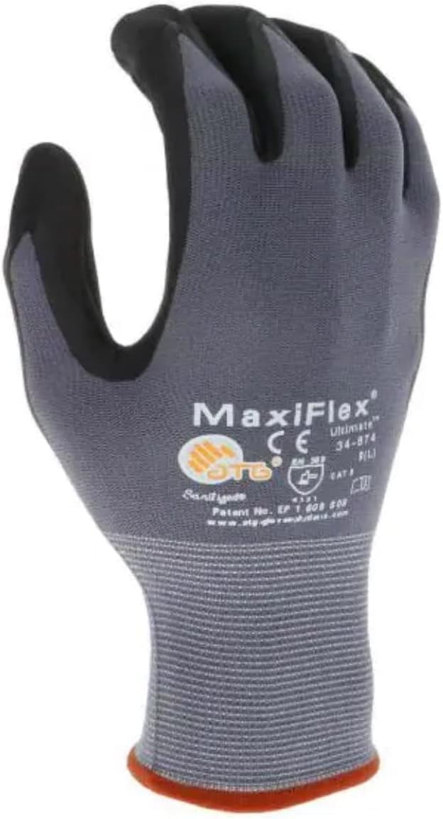 MaxiFlex PIP 34-874/L Maxi Flex Ultimate 34874 Foam Nitrile Palm Coated Gloves, Gray, Large (Pack of 12)