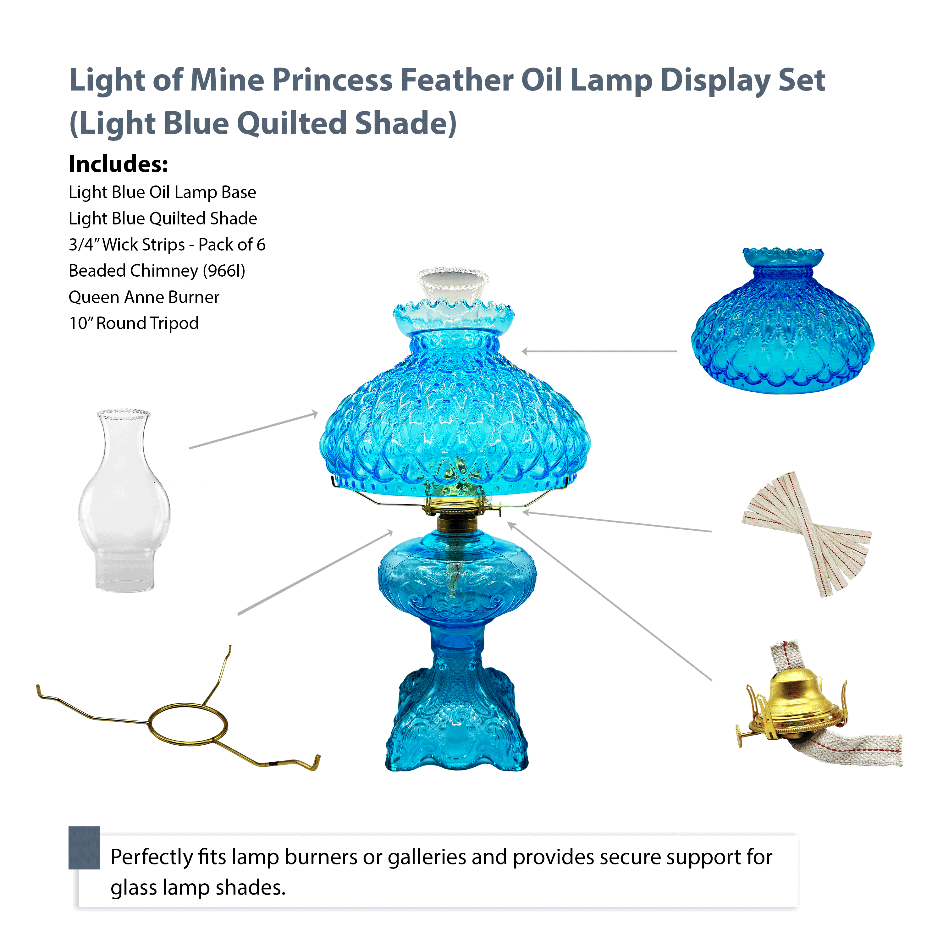 Light Of Mine Princess Feather Oil Lamp Ornate Decorative Antique Pedestal Style Glass Oil Hurricane Lamp Clear with 3/4" Wick roll Lt Blue 10" Shade