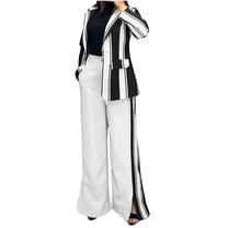 Wancir Blazer Sets Women 2 Piece Outfits Striped Long Sleeve Collar Button Down Shirt Blouse and High Waist Wide Leg Pants Sets