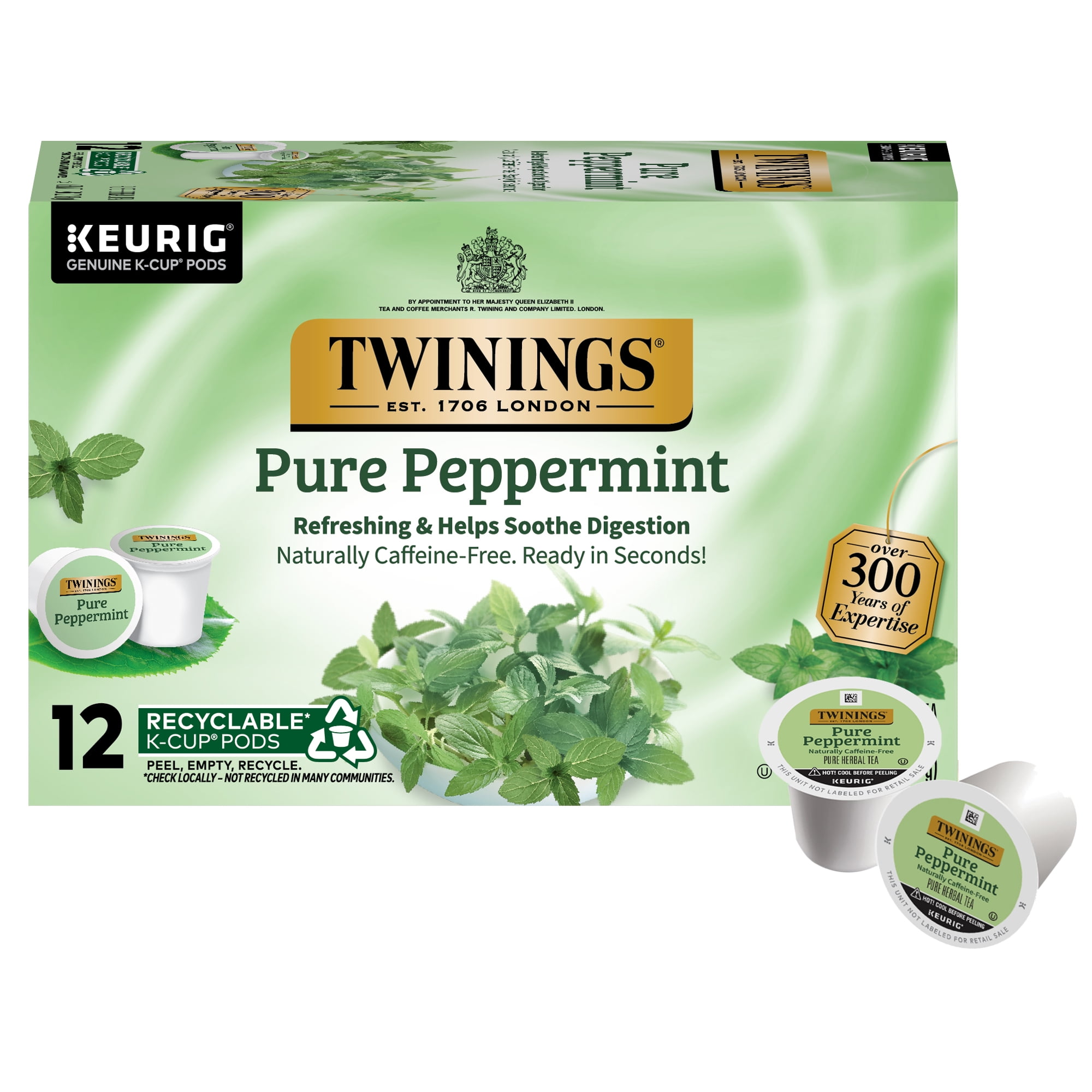(2 pack) Twinings Pure Peppermint Herbal Tea K-Cup Pods, Naturally Caffeine Free, 12 Count