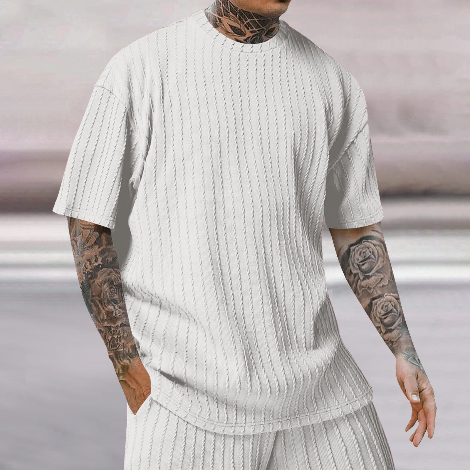 Men Textured Knit T-Shirts Casual Stretch Ribbed Short Sleeve