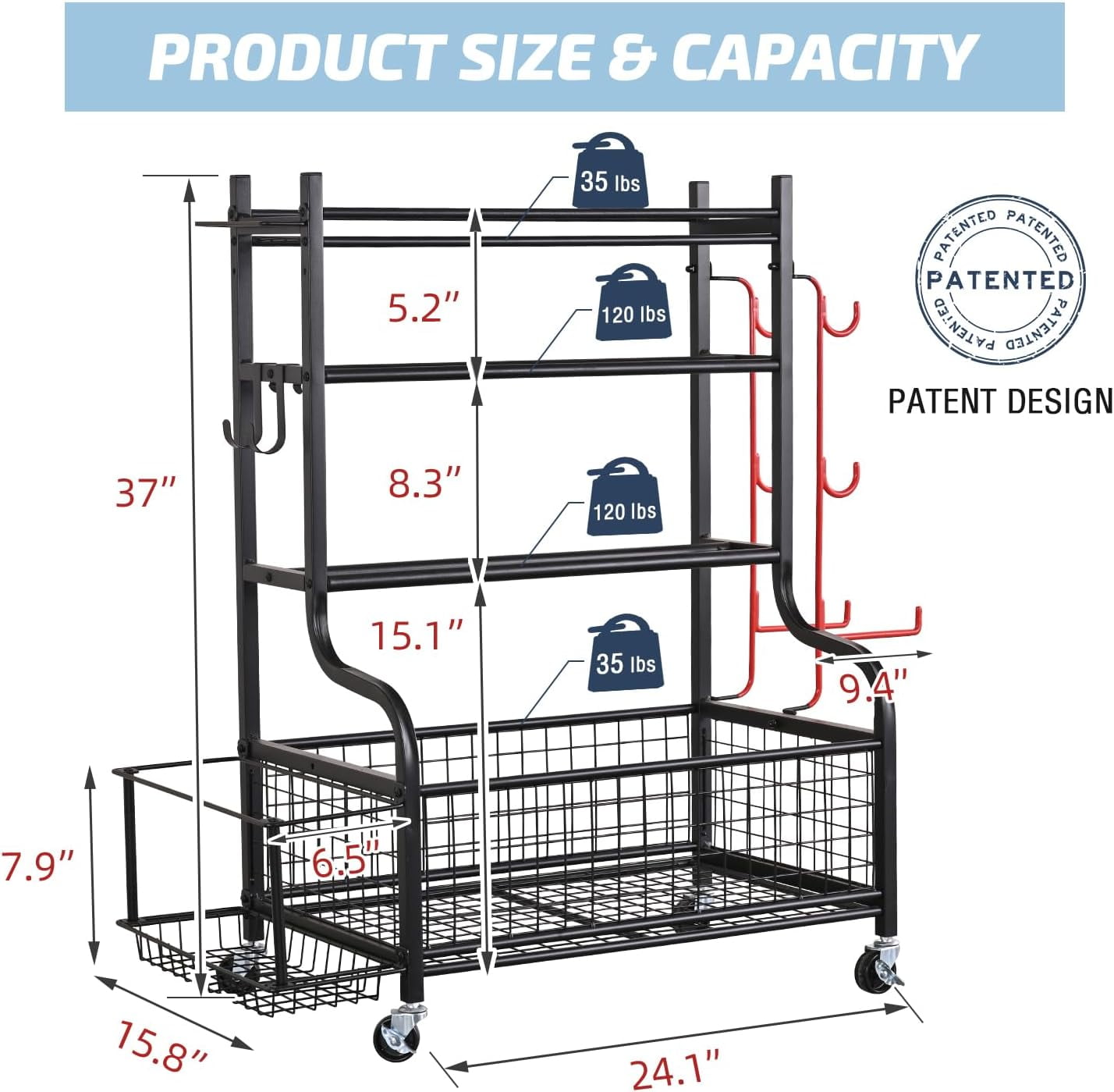 Dumbbell Rack with Wheels, Home Gym Storage Rack for Dumbbells, Kettlebells & Workout Equipment, All-in-One Weight Rack Organizer with Hooks & Basket, Heavy Duty Steel Fitness Stand