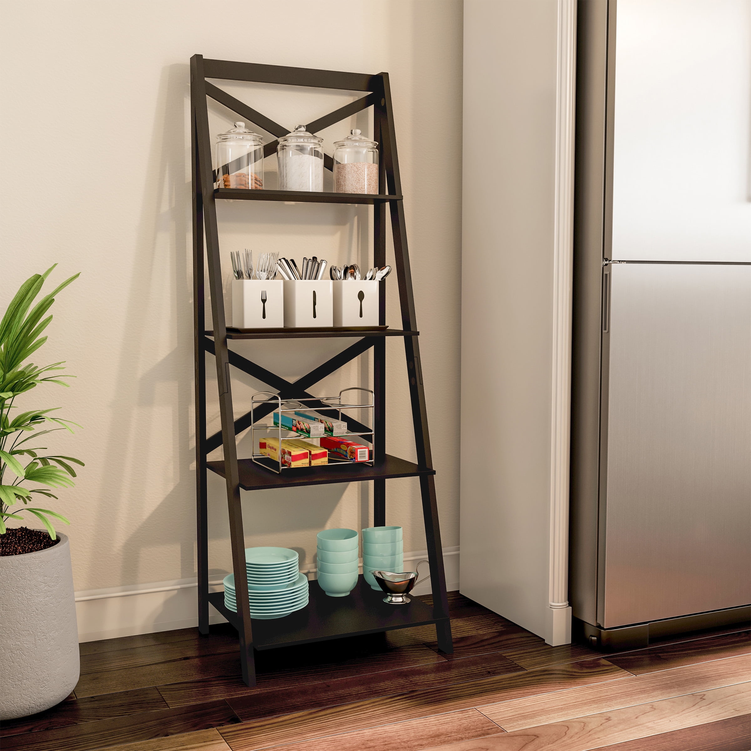 Lavish Home 4-Tier Freestanding Ladder Bookshelf with X-Back Frame, Black