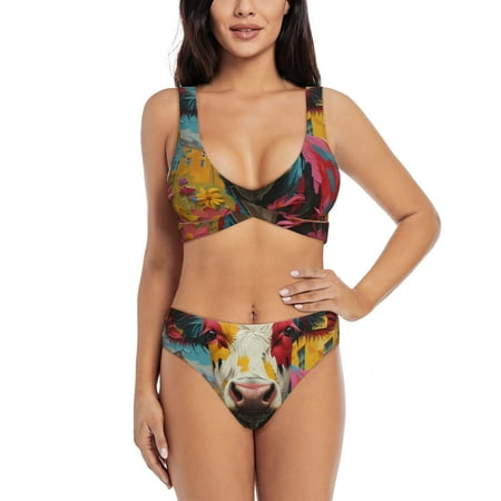 Zeuib Yellow Daisy Cow High Waisted Tummy Control Bikini Set - Knot Front Push Up Top & Cheeky Thong Bottom  Two-Piece Swimsuit for Women-Medium