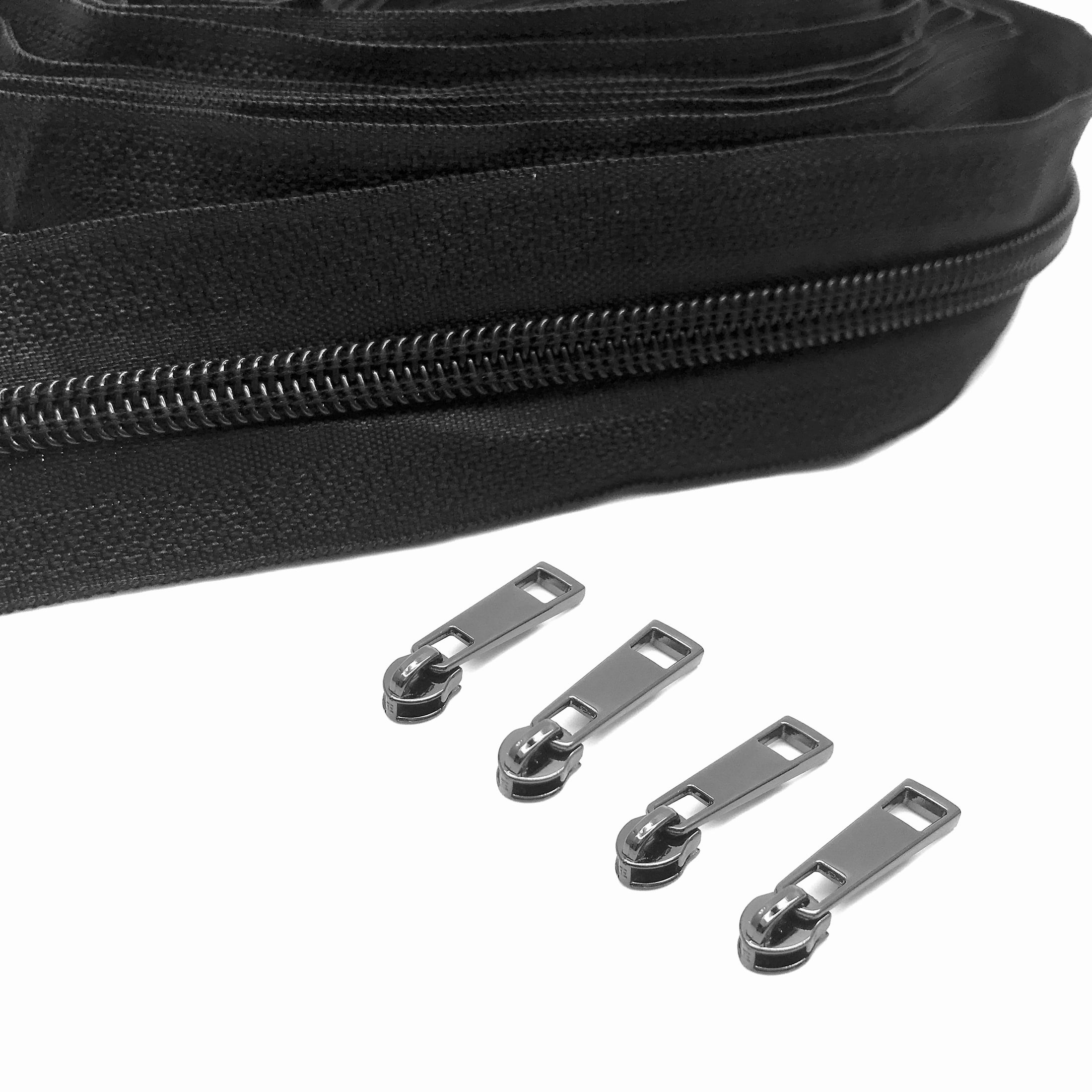 Goyunwell Black Zipper 5 Zippers 10Pcs Gunmetal Zipper Pulls 5 Yards Nylon Coil Long Tape