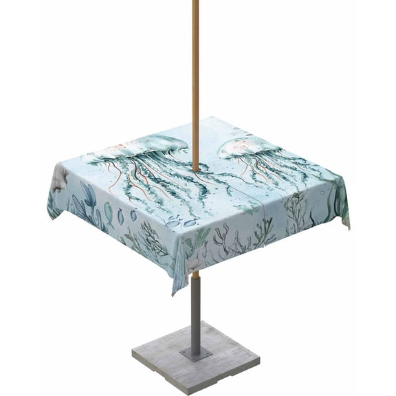 Fsddascl Aqua Jellyfish Outdoor Tablecloth - 54x54 Inch Square Dining Table Cover, Coastal Nautical Ocean Shells Seaweed Waterproof Outdoor Table Cloth with Umbrella Hole & Zipper for Picnic/Patio
