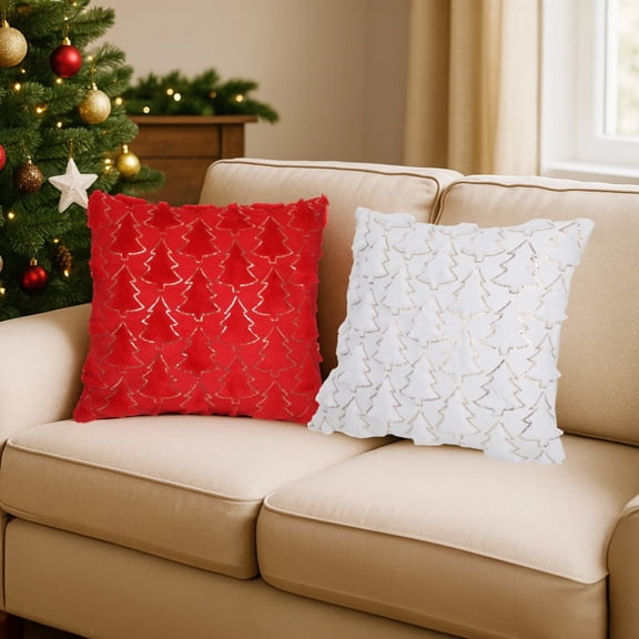 4 Pcs Christmas Pillow Covers, Soft Plush Throw Pillow Case, Christmas Tree Decorative Pillow Covers, Holiday Decor, White & Red, Polyester 17.7 x 17.7 in