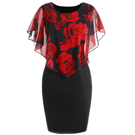Women's Casual Tennis Dress Fashion Rose Print Chiffon O Neck Ruffles Dress for Everyday Wear Red XXL