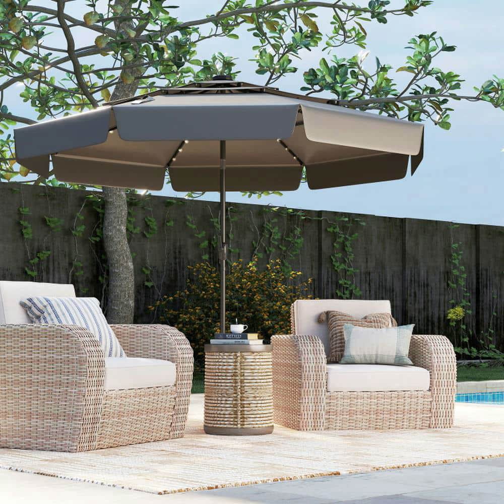 Spaco 10 Feet Solar Patio Umbrella with 3-Tier Vented Top, Outdoor Shade, Gray