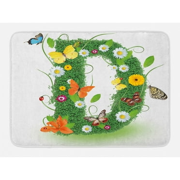 Letter D Bath Mat, Exotic Abloom Letter Organic Foliage Papilio Wings Seasonal Composition, Non-Slip Plush Mat Bathroom Kitchen Laundry Room Decor, 29.5 X 17.5 Inches, Green Multicolor, Ambesonne