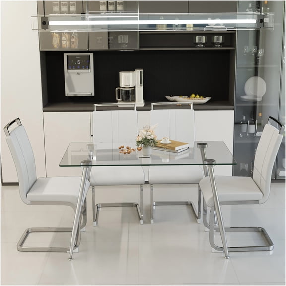 Modern 4-Person Dining Table Set with Tempered Glass Top & Silver Metal Legs, Includes 4 PU Upholstered Armless Chairs for Kitchen and Dining Room