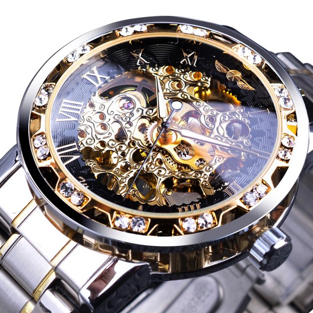 Winner Man Mechanical Watch Roman Numeral Rhinestone Skeleton Dial Steel Wristwatch