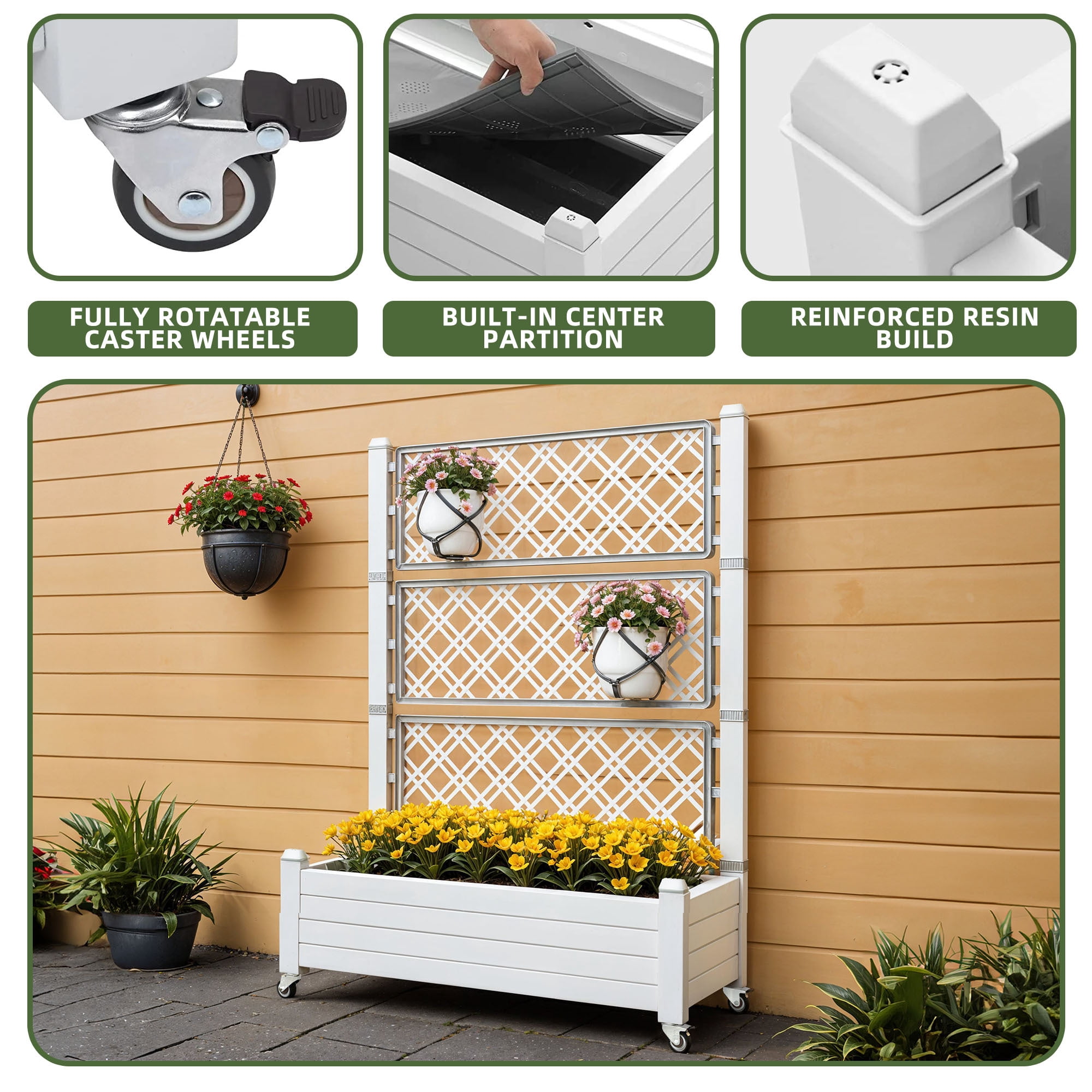 Uforic 3.6 x 1.5 x 5 FT Raised Garden Bed with Trellis, Large Outdoor Planter Box on Wheels for Patio, Grayish-White for Climbing Plants Vegetables