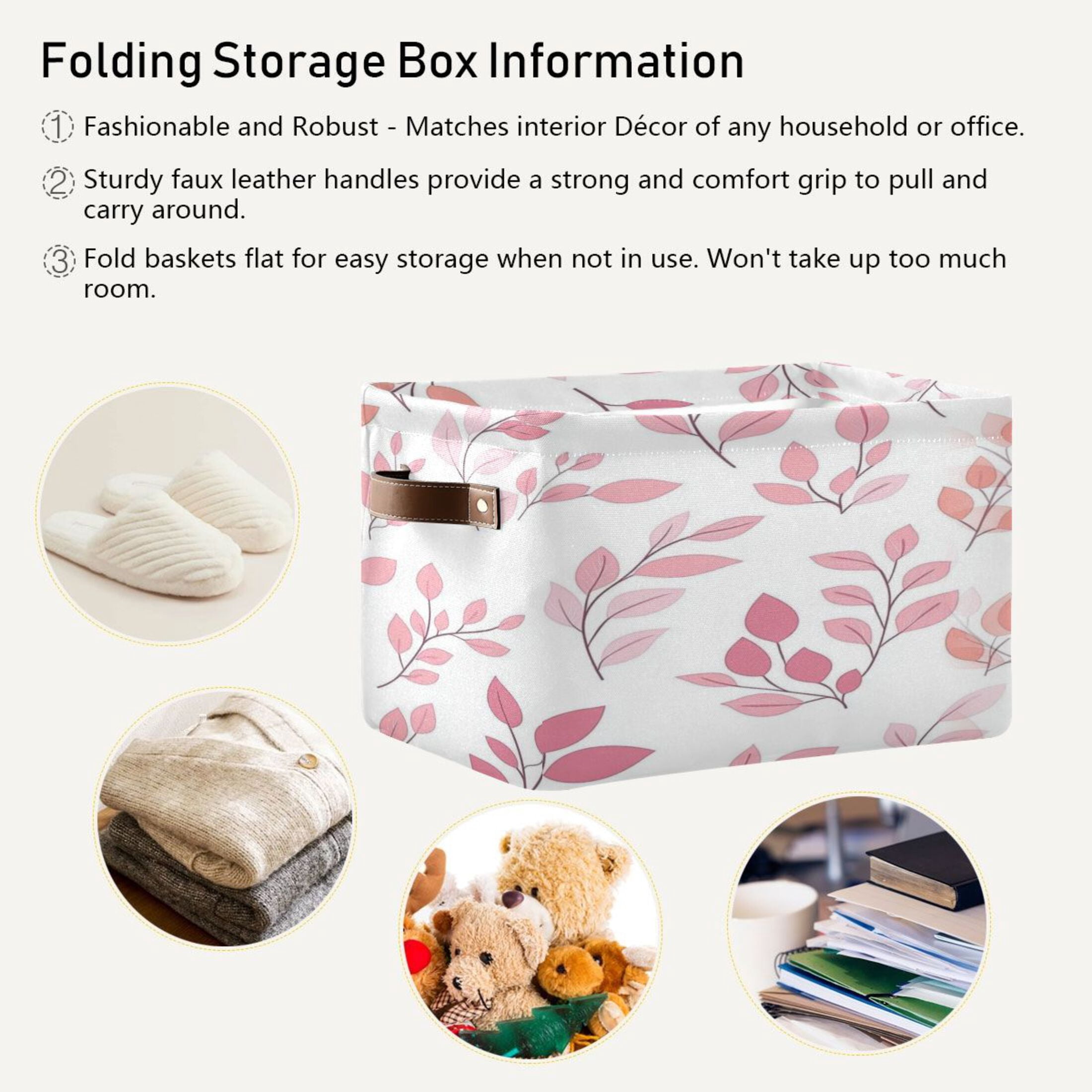 Pink and Coral Leaves Foldable Storage Basket,Canvas Fabric Foldable Storage Bins with Handles Open Home Storage Bins Boxes for Toy Book Shelf Closet Baskets