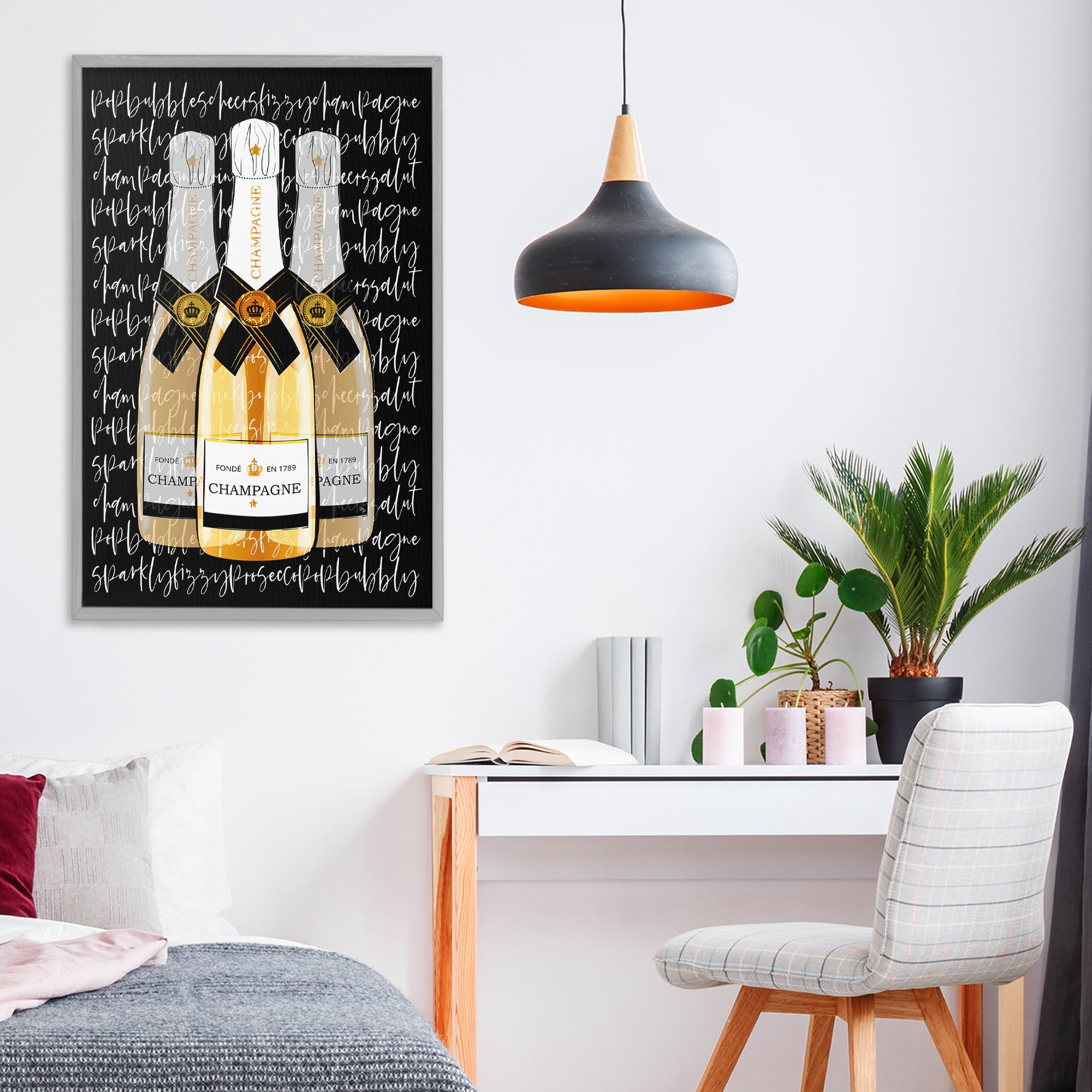 Stupell Industries Triple Champagne Bottle Love Gray Framed Giclee Art, design by Martina Pavlova