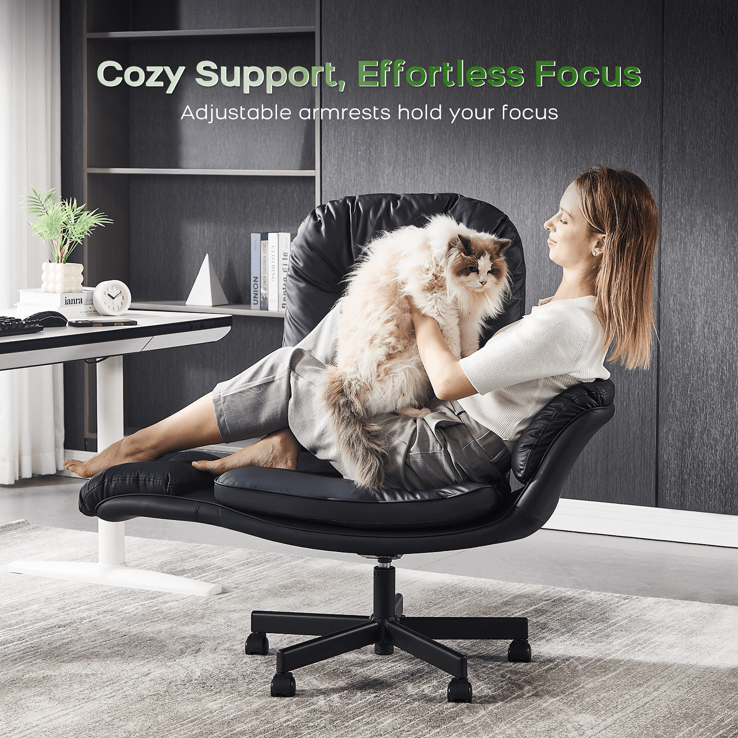 TMV PU Leather Office Chair Criss Cross Chair,Vanity Chair with Armrests & Wheels for Cross-Legged,Adjustable Swivel Desk Chair Wide Rolling Chair for Adults,Black
