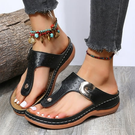 

Josdec Orthopedic Shoes for Women Summer Sandals Solid Color Flip Flops Thick Heel Slippers Hollow Casual on Clearance