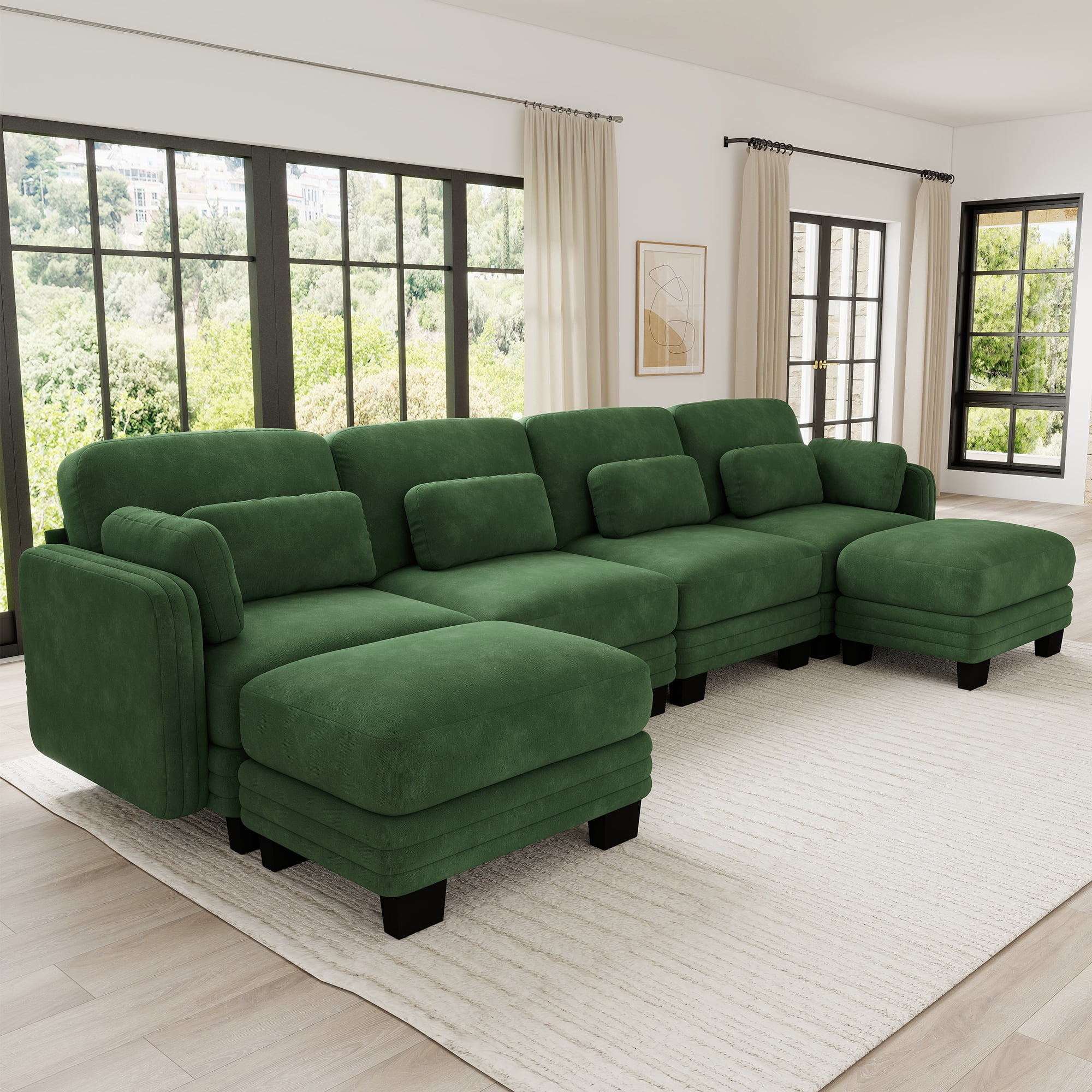 130" U-shaped Tufted Modern Modular Sectional 4 Seater Sofa Couch with 2 Ottomans and 6 Pillows