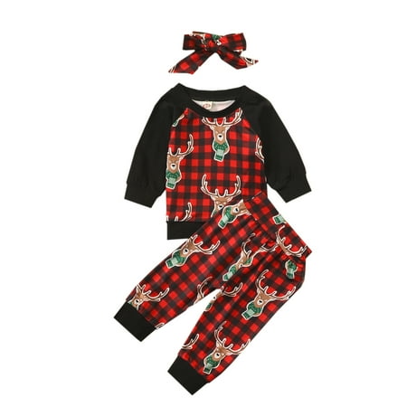 

Binpure Toddler Kid 3 Pcs Christmas Outfits Suits Long Sleeve Cartoon Printed Shirt Top + Long Pant + Headband Clothes Sets