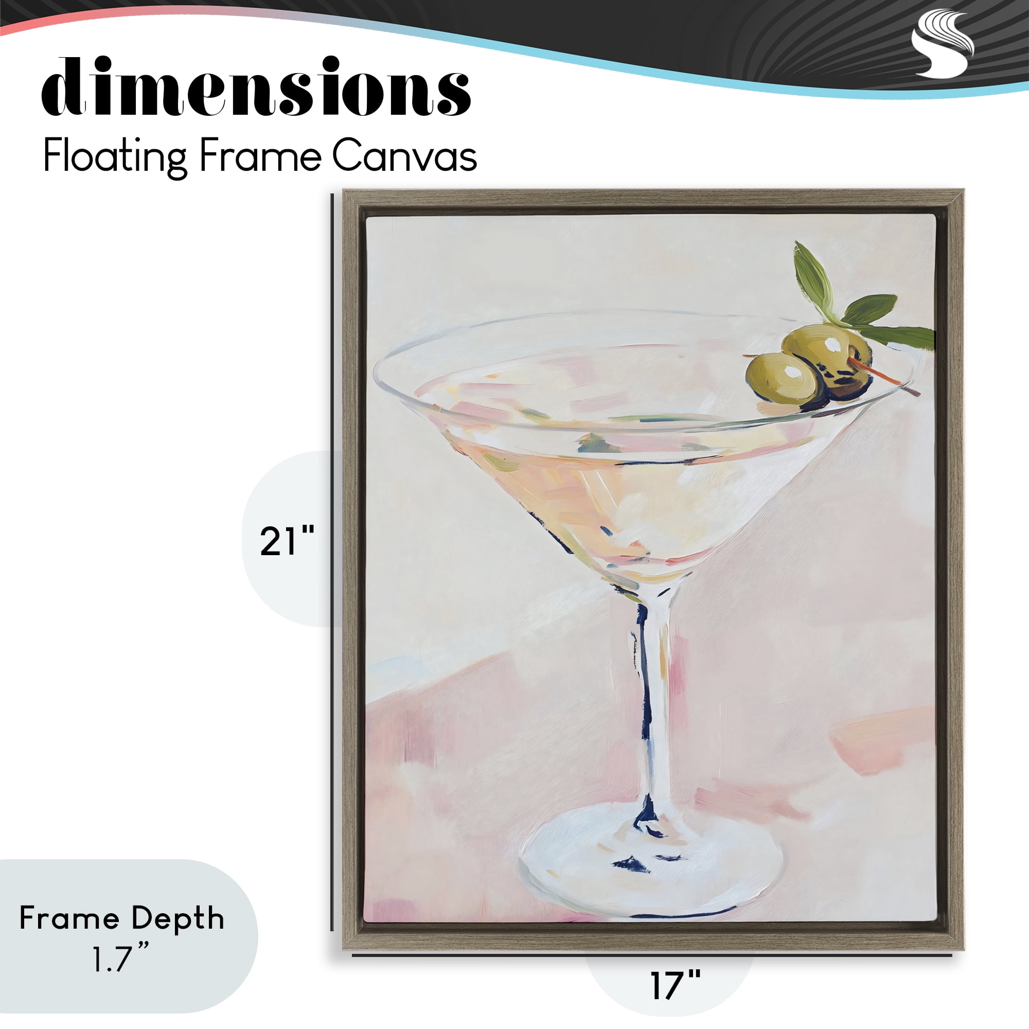 Stupell Industries Pastel Martini with Olive Garnish Brown Framed Floater Canvas Wall Art, design by The Prints Vibe
