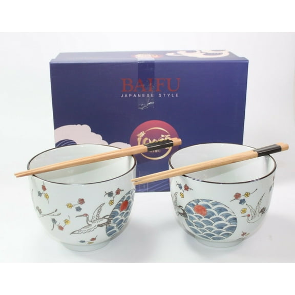 Quality Japanese Dinnerware Set White Crane Porcelain Bowls w Chopsticks Utensil